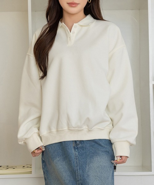 DAY CLOSET（デイ クローゼット）の「【ラフすぎない大人の抜け感】長袖 ドロップショルダー ポロ襟 リブ スウェット レディース（スウェット・レディース・オフホワイト/グレー/オートミール・FREE）」の4枚目の写真