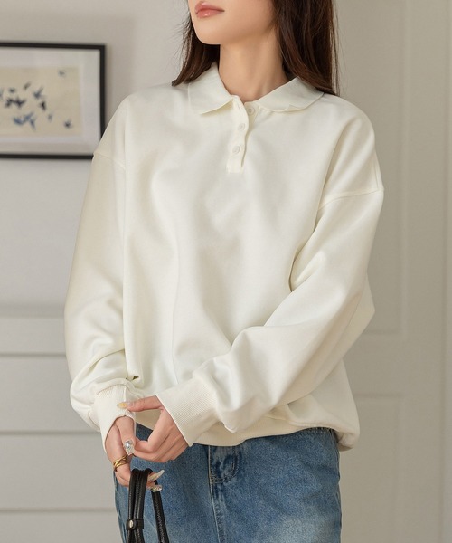 DAY CLOSET（デイ クローゼット）の「【ラフすぎない大人の抜け感】長袖 ドロップショルダー ポロ襟 リブ スウェット レディース（スウェット・レディース・オフホワイト/グレー/オートミール・FREE）」の5枚目の写真