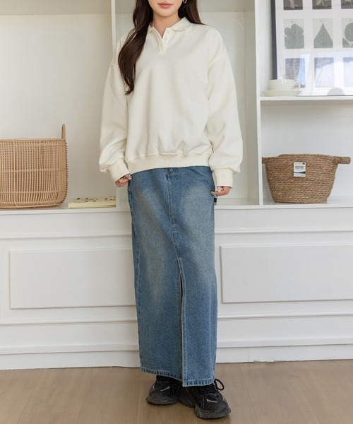 DAY CLOSET（デイ クローゼット）の「【ラフすぎない大人の抜け感】長袖 ドロップショルダー ポロ襟 リブ スウェット レディース（スウェット・レディース・オフホワイト/グレー/オートミール・FREE）」の8枚目の写真