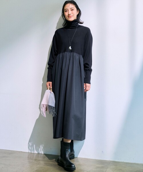 洗える】ギャザーコンビ ニットワンピース（ワンピース）｜23区 L