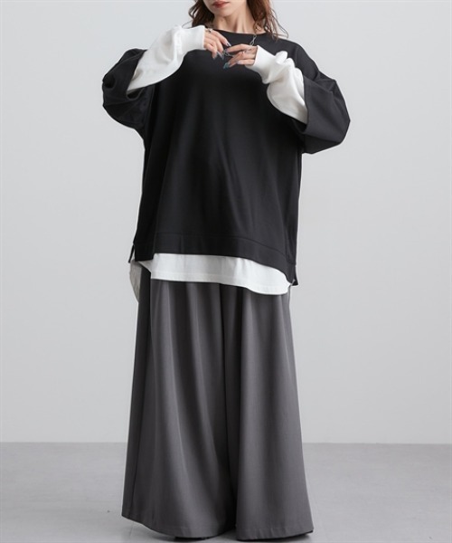 Soiunique（スワユニーク）の「ガーゼ裏毛　重ね着風長袖トップス　［Soiunique］（Tシャツ/カットソー・レディース・ブラック/グレイッシュベージュ/ブラウン/チャコール・S/M/L/LL）」の5枚目の写真