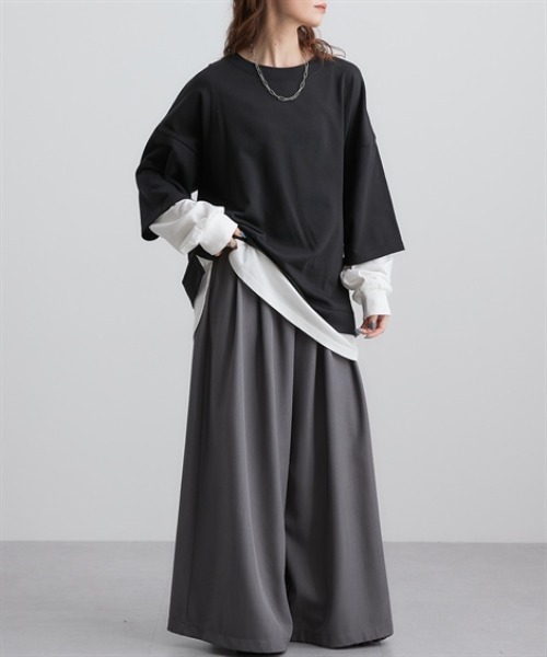 Soiunique（スワユニーク）の「ガーゼ裏毛　重ね着風長袖トップス　［Soiunique］（Tシャツ/カットソー・レディース・ブラック/グレイッシュベージュ/ブラウン/チャコール・S/M/L/LL）」の7枚目の写真