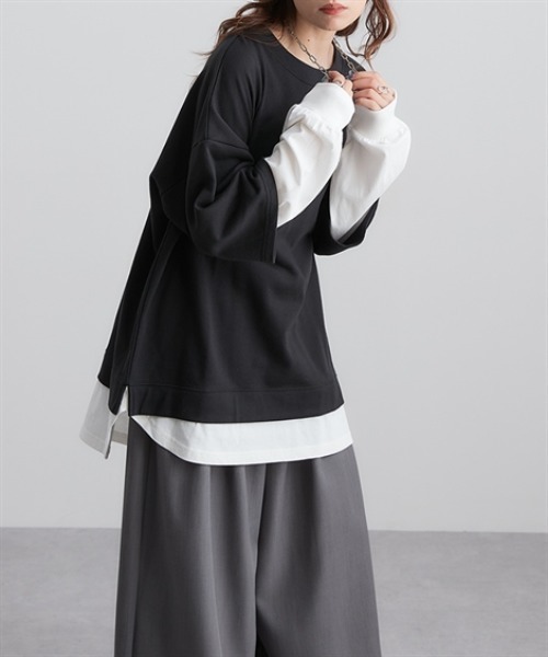 Soiunique（スワユニーク）の「ガーゼ裏毛　重ね着風長袖トップス　［Soiunique］（Tシャツ/カットソー・レディース・ブラック/グレイッシュベージュ/ブラウン/チャコール・S/M/L/LL）」の8枚目の写真