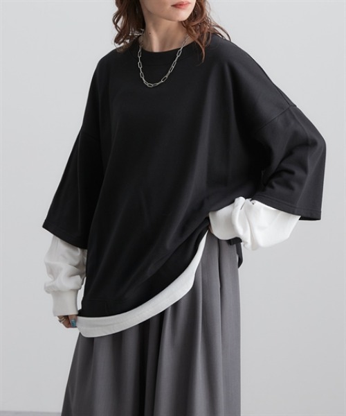 Soiunique（スワユニーク）の「ガーゼ裏毛　重ね着風長袖トップス　［Soiunique］（Tシャツ/カットソー・レディース・ブラック/グレイッシュベージュ/ブラウン/チャコール・S/M/L/LL）」の9枚目の写真