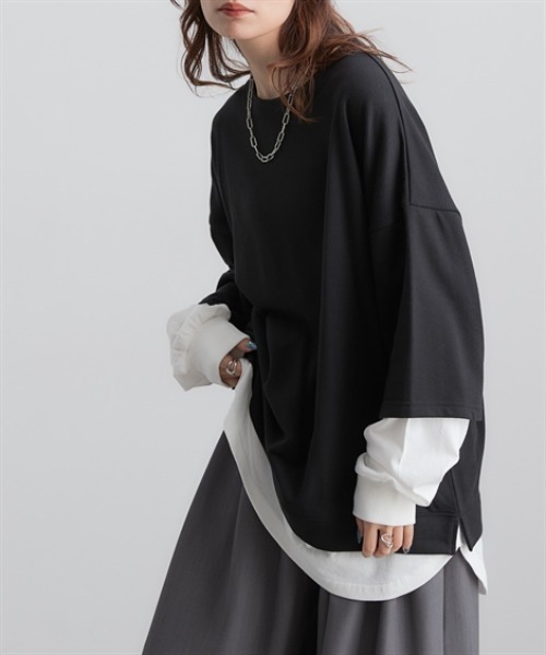 Soiunique（スワユニーク）の「ガーゼ裏毛　重ね着風長袖トップス　［Soiunique］（Tシャツ/カットソー・レディース・ブラック/グレイッシュベージュ/ブラウン/チャコール・S/M/L/LL）」の10枚目の写真