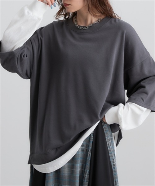 Soiunique（スワユニーク）の「ガーゼ裏毛　重ね着風長袖トップス　［Soiunique］（Tシャツ/カットソー・レディース・ブラック/グレイッシュベージュ/ブラウン/チャコール・S/M/L/LL）」の14枚目の写真