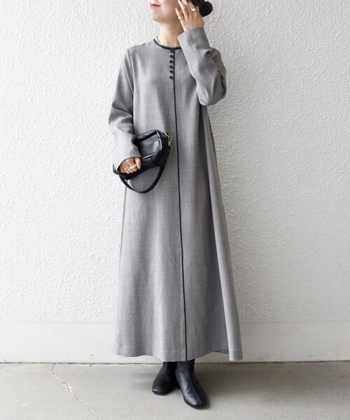 SHIPS any（シップス エニィ）の「SHIPS any: ウーステッド パイピング ボタン ロングスリーブ フレア ワンピース（ワンピース・レディース・ブラウン/グレー・ONE SIZE）」の4枚目の写真