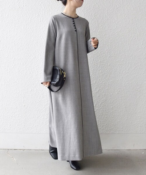 SHIPS any（シップス エニィ）の「SHIPS any: ウーステッド パイピング ボタン ロングスリーブ フレア ワンピース（ワンピース・レディース・ブラウン/グレー・ONE SIZE）」の5枚目の写真