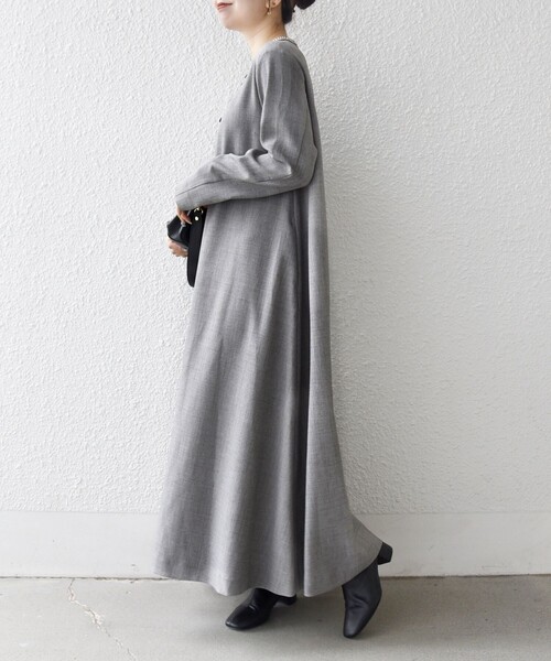 SHIPS any（シップス エニィ）の「SHIPS any: ウーステッド パイピング ボタン ロングスリーブ フレア ワンピース（ワンピース・レディース・ブラウン/グレー・ONE SIZE）」の8枚目の写真