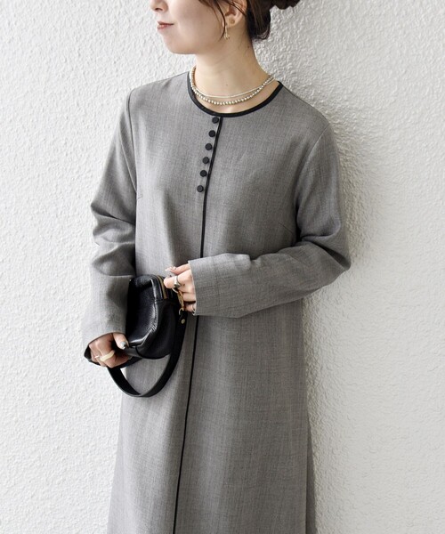 シップス エニィ（SHIPS any）/SHIPS any: ウーステッド パイピング ボタン ロングスリーブ フレア ワンピース セール】SHIPS any: ウーステッド パイピング ボタン ロングスリーブ