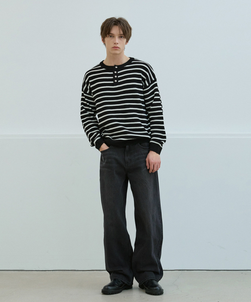 NODU（ノードユー）の「ボタンポイントストライプヘンリーネックラウンドニットTシャツ[ブラック]（Tシャツ/カットソー・メンズ・その他・MEDIUM/LARGE）」の2枚目の写真