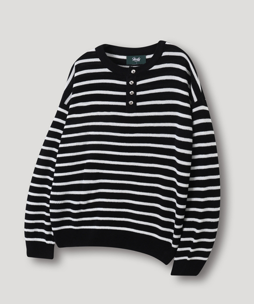 NODU（ノードユー）の「ボタンポイントストライプヘンリーネックラウンドニットTシャツ[ブラック]（Tシャツ/カットソー・メンズ・その他・MEDIUM/LARGE）」の5枚目の写真