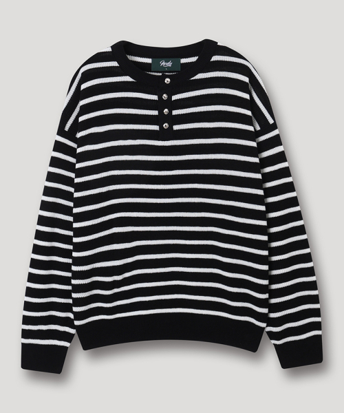 NODU（ノードユー）の「ボタンポイントストライプヘンリーネックラウンドニットTシャツ[ブラック]（Tシャツ/カットソー・メンズ・その他・MEDIUM/LARGE）」の6枚目の写真