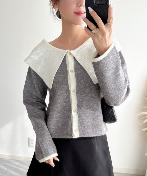 &. NOSTALGIA（アンドドットノスタルジア）の「【ZOZO限定】配色ビッグカラーカーディガン（カーディガン/ボレロ・レディース・アイボリー/ブラック/グレー・M）」の3枚目の写真