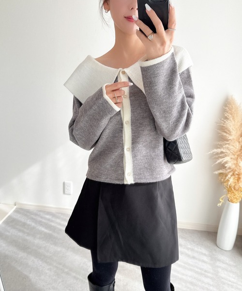 &. NOSTALGIA（アンドドットノスタルジア）の「【ZOZO限定】配色ビッグカラーカーディガン（カーディガン/ボレロ・レディース・アイボリー/ブラック/グレー・M）」の4枚目の写真