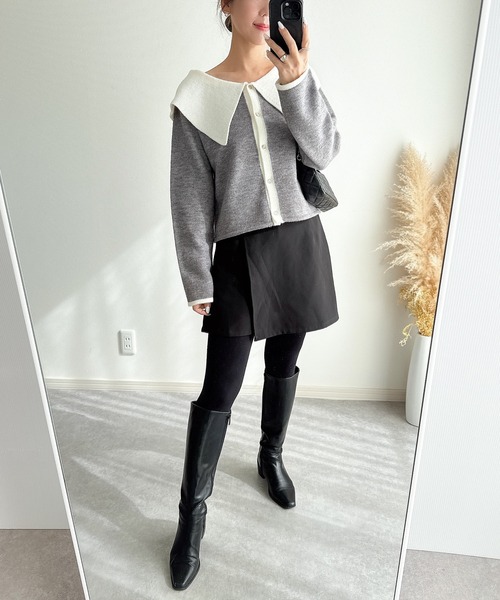 &. NOSTALGIA（アンドドットノスタルジア）の「【ZOZO限定】配色ビッグカラーカーディガン（カーディガン/ボレロ・レディース・アイボリー/ブラック/グレー・M）」の6枚目の写真