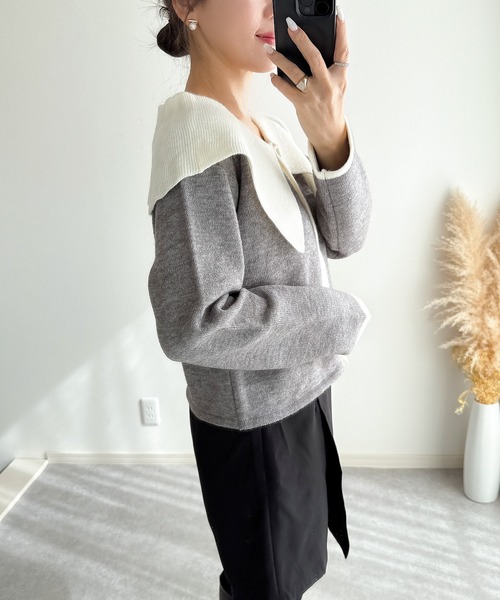 &. NOSTALGIA（アンドドットノスタルジア）の「【ZOZO限定】配色ビッグカラーカーディガン（カーディガン/ボレロ・レディース・アイボリー/ブラック/グレー・M）」の8枚目の写真