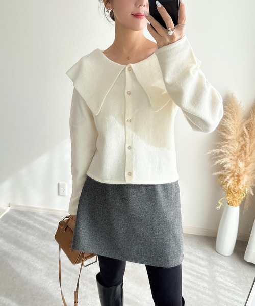 &. NOSTALGIA（アンドドットノスタルジア）の「【ZOZO限定】配色ビッグカラーカーディガン（カーディガン/ボレロ・レディース・アイボリー/ブラック/グレー・M）」の14枚目の写真