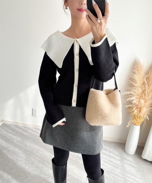 &. NOSTALGIA（アンドドットノスタルジア）の「【ZOZO限定】配色ビッグカラーカーディガン（カーディガン/ボレロ・レディース・アイボリー/ブラック/グレー・M）」の16枚目の写真