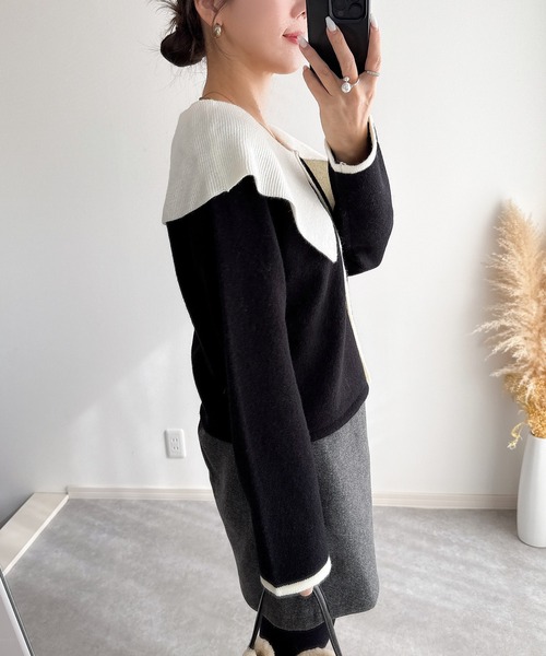 &. NOSTALGIA（アンドドットノスタルジア）の「【ZOZO限定】配色ビッグカラーカーディガン（カーディガン/ボレロ・レディース・アイボリー/ブラック/グレー・M）」の18枚目の写真