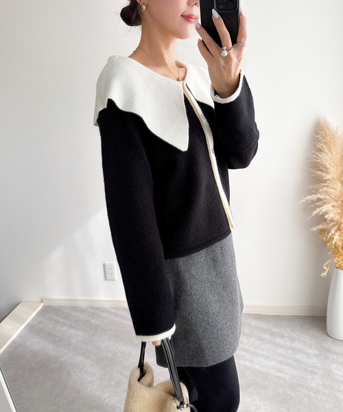 &. NOSTALGIA（アンドドットノスタルジア）の「【ZOZO限定】配色ビッグカラーカーディガン（カーディガン/ボレロ・レディース・アイボリー/ブラック/グレー・M）」の19枚目の写真