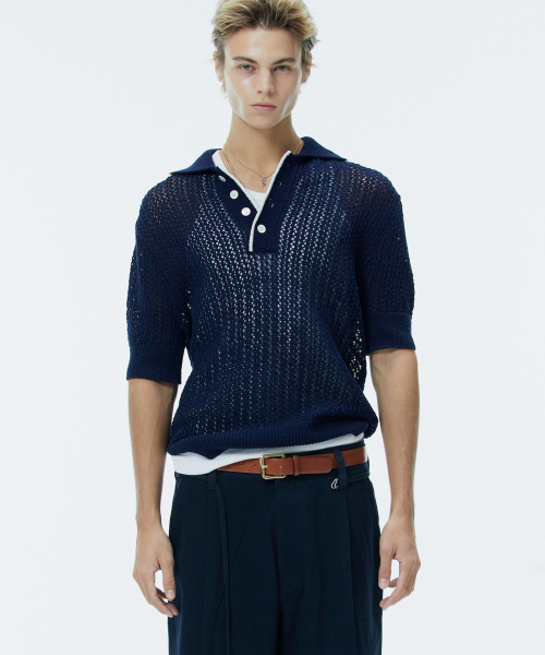 CROCHET SHORT SLEEVE COLLAR KNIT NAVY（ニット/セーター）｜NOHANT 