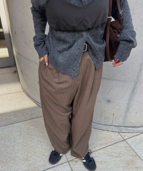パンツ 1 Wide Tapered Trousers stripe mp13866-Stripe Denim Two Tuck Wide Belted Pants ストライプデニム
