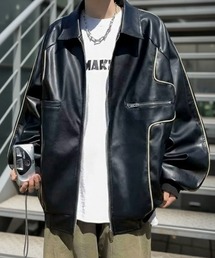 link lot（リンクロット）の「ルーズシルエット パイピングデザイン PU フェイクレザー ブルゾン（ライダースジャケット）」