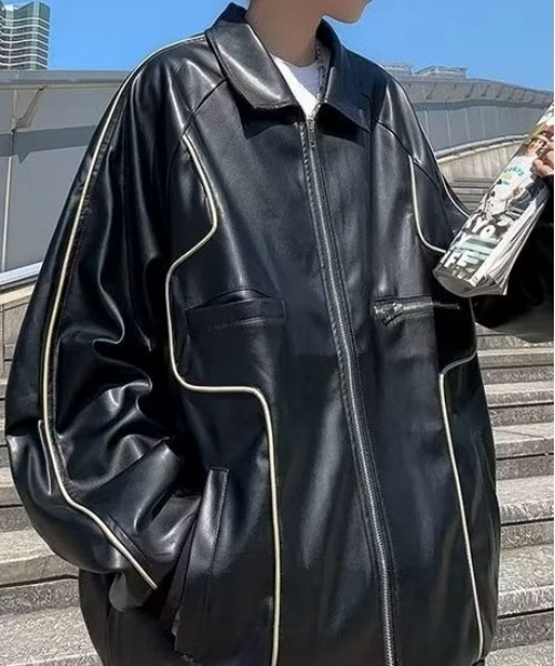link lot(リンクロット)の「ルーズシルエット パイピングデザイン PU フェイクレザー ブルゾン(ライダースジャケット・メンズ・ブラック・M)」の3枚目の写真