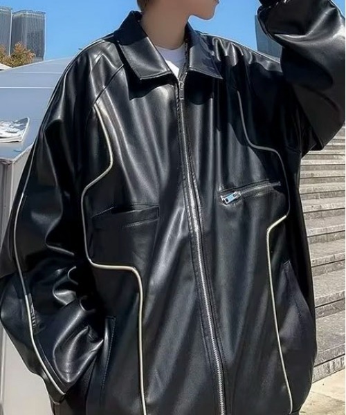 link lot(リンクロット)の「ルーズシルエット パイピングデザイン PU フェイクレザー ブルゾン(ライダースジャケット・メンズ・ブラック・M)」の5枚目の写真