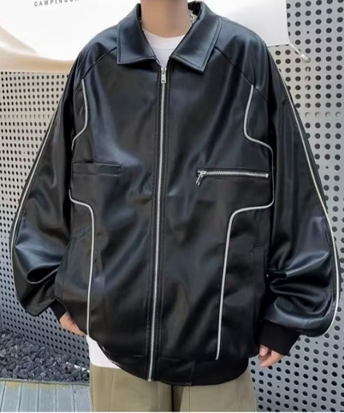 link lot(リンクロット)の「ルーズシルエット パイピングデザイン PU フェイクレザー ブルゾン(ライダースジャケット・メンズ・ブラック・M)」の2枚目の写真