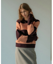 (W) BLOCK ROUND NECK KINT DEEP PEACH/BURGUNDY