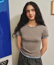 ウィメンズレイヤードヘムスリムTシャツ[トープ/ライトブルー]