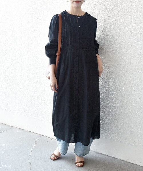 SHIPS any(シップス エニィ)の「SHIPS any:〈洗濯機可能〉キャンブリック Aライン フリル シャツ ワンピース(ワンピース・レディース・ライトブルー/ブラック・ONE SIZE)」の7枚目の写真