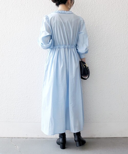 SHIPS any(シップス エニィ)の「SHIPS any:〈洗濯機可能〉キャンブリック Aライン フリル シャツ ワンピース(ワンピース・レディース・ライトブルー/ブラック・ONE SIZE)」の11枚目の写真