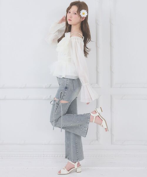 MAJESTIC LEGON（マジェスティックレゴン）の「チェーン付きシアーフリルブラウス（シャツ/ブラウス・レディース・アイボリー/ピンク/グレー/ミント・MEDIUM）」の7枚目の写真