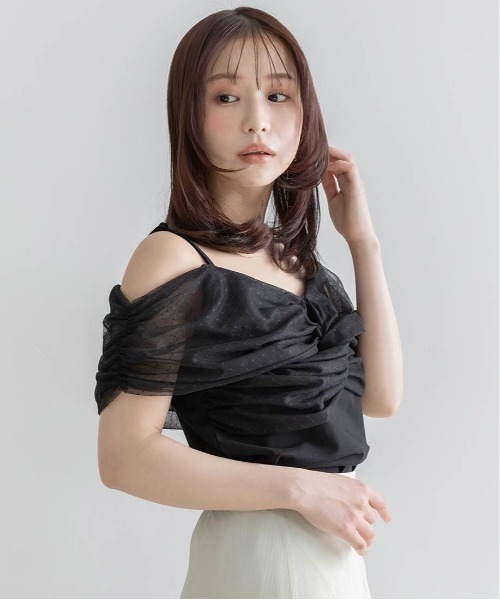 RANDA(ランダ)の「チュールオフショルダートップス(Tシャツ/カットソー・レディース・イエロー/ブラック/ホワイト・FREE)」の8枚目の写真