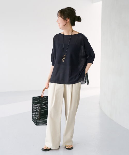 Spick & Span（スピックアンドスパン）の「《接触冷感》ICE FINE 5分袖ボートネックニット（ニット/セーター・レディース・ブラウン/オレンジ/ネイビー/ベージュ・FREE）」の7枚目の写真