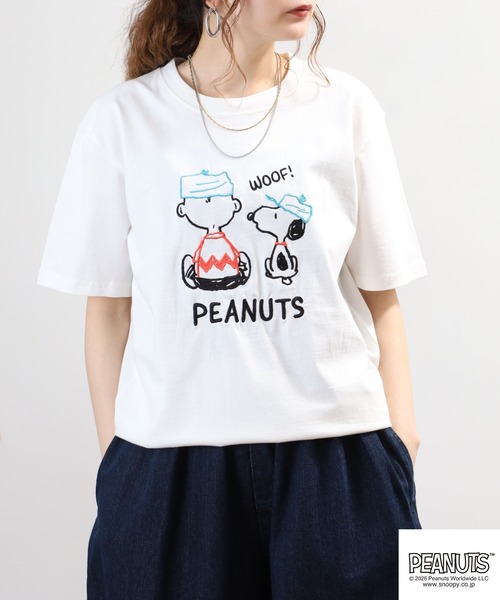 PEANUTS(ピーナッツ)の「PEANUTS刺繍Tシャツ 半袖(Tシャツ/カットソー・レディース・ネイビー/オートミール/杢グレー/オフホワイト/ブルーグレー/ブラック・LL/L/M)」の19枚目の写真