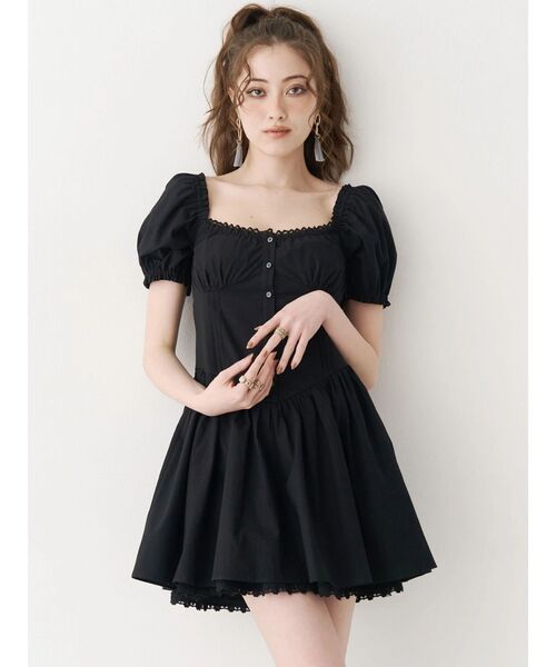 EVRIS(エヴリス)の「パフスリーブレースドッキングミニワンピース(ワンピース・レディース・ブラック/その他1/グリーン・FREE)」の2枚目の写真