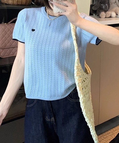 mielu(ミエル)の「ポイント刺繍半袖ニット(ニット/セーター・レディース・アイボリー/グレー/ホワイト/ブルー/ブラック・FREE)」の5枚目の写真