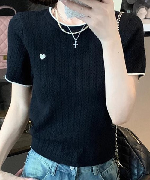 mielu(ミエル)の「ポイント刺繍半袖ニット(ニット/セーター・レディース・アイボリー/グレー/ホワイト/ブルー/ブラック・FREE)」の3枚目の写真
