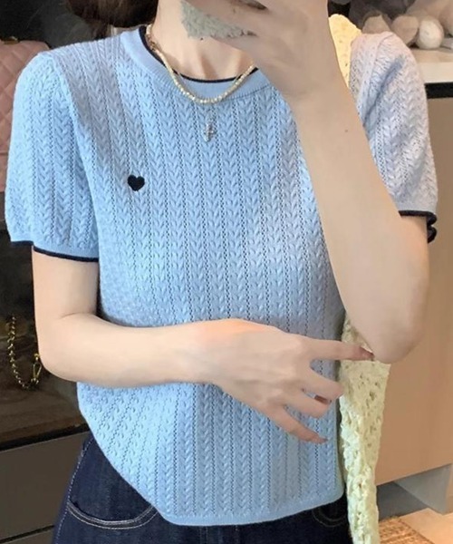 mielu(ミエル)の「ポイント刺繍半袖ニット(ニット/セーター・レディース・アイボリー/グレー/ホワイト/ブルー/ブラック・FREE)」の7枚目の写真