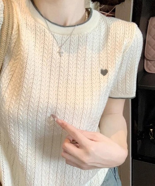 mielu(ミエル)の「ポイント刺繍半袖ニット(ニット/セーター・レディース・アイボリー/グレー/ホワイト/ブルー/ブラック・FREE)」の14枚目の写真