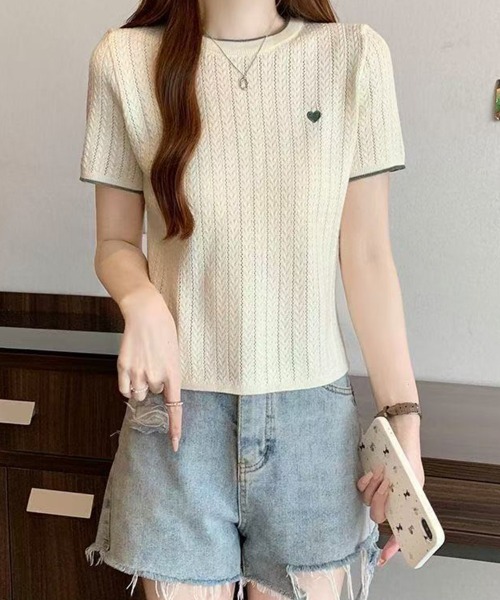 mielu(ミエル)の「ポイント刺繍半袖ニット(ニット/セーター・レディース・アイボリー/グレー/ホワイト/ブルー/ブラック・FREE)」の16枚目の写真