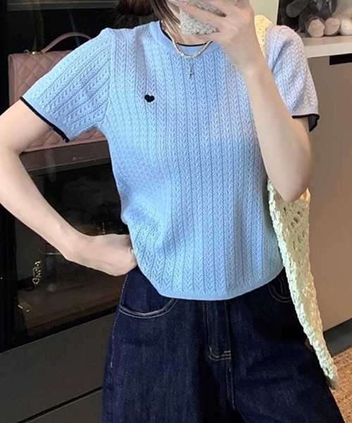 mielu(ミエル)の「ポイント刺繍半袖ニット(ニット/セーター・レディース・アイボリー/グレー/ホワイト/ブルー/ブラック・FREE)」の9枚目の写真