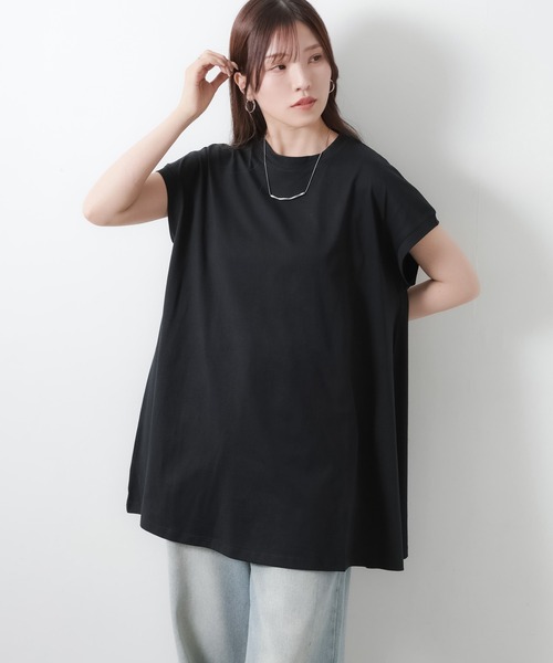 Riberry（リベリー）の「【接触冷感】ミドル丈コットンフレアTシャツ（Tシャツ/カットソー・レディース・オフホワイト/チャコールグレー/ブラック・MEDIUM）」の4枚目の写真