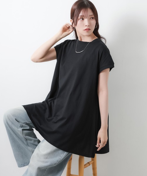 Riberry（リベリー）の「【接触冷感】ミドル丈コットンフレアTシャツ（Tシャツ/カットソー・レディース・オフホワイト/チャコールグレー/ブラック・MEDIUM）」の11枚目の写真