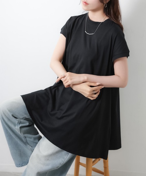 Riberry（リベリー）の「【接触冷感】ミドル丈コットンフレアTシャツ（Tシャツ/カットソー・レディース・オフホワイト/チャコールグレー/ブラック・MEDIUM）」の12枚目の写真