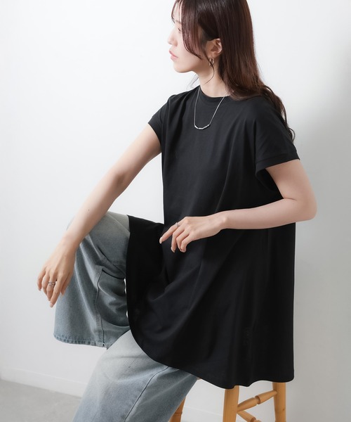Riberry（リベリー）の「【接触冷感】ミドル丈コットンフレアTシャツ（Tシャツ/カットソー・レディース・オフホワイト/チャコールグレー/ブラック・MEDIUM）」の6枚目の写真